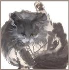 Ink painting of gray-and-white longhair cat. This image will soon be available as a notecard
